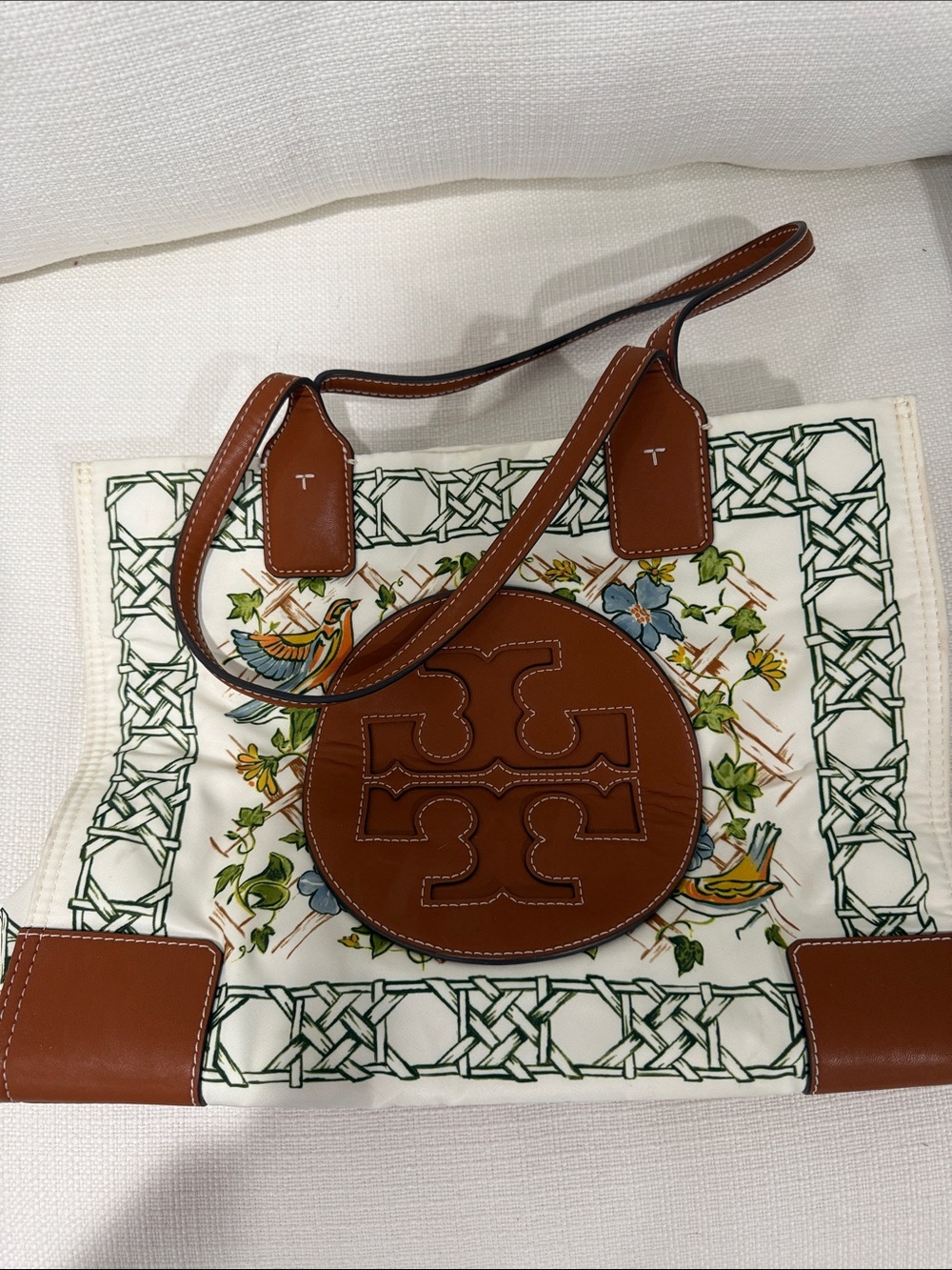 Tory Burch Brown Leather-Trim Logo Canvas Tote with Floral Print LIMITED EDITION
